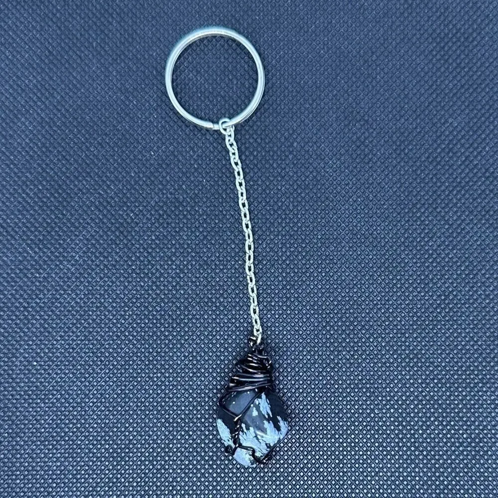 Snowflake obsidian keychain handmade distressed accent wire wrapping